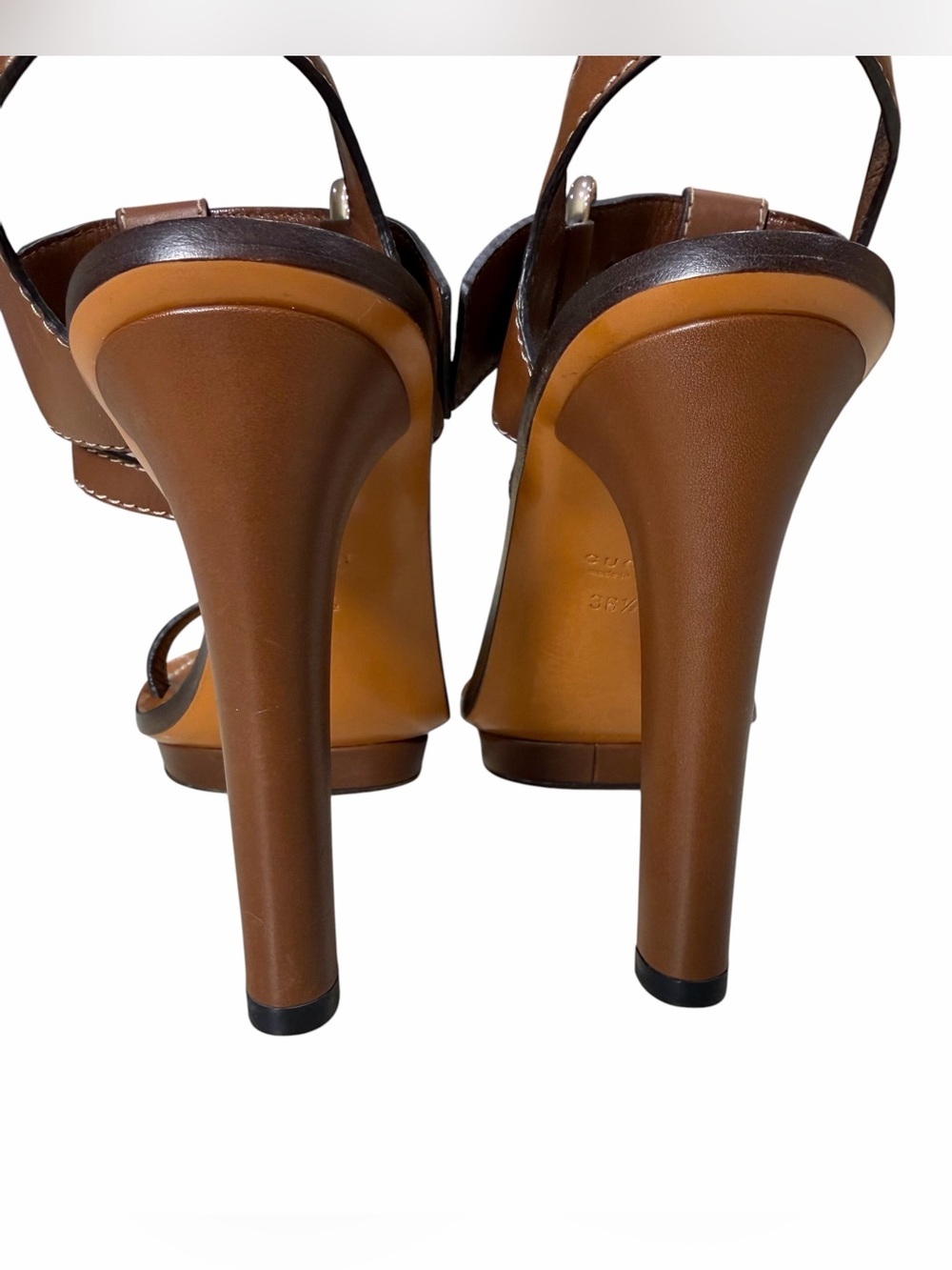 Gucci 5” Brown Leather High Heel Sandals With Iconic Bamboo Horsebit NWOB - Picture 7 of 9